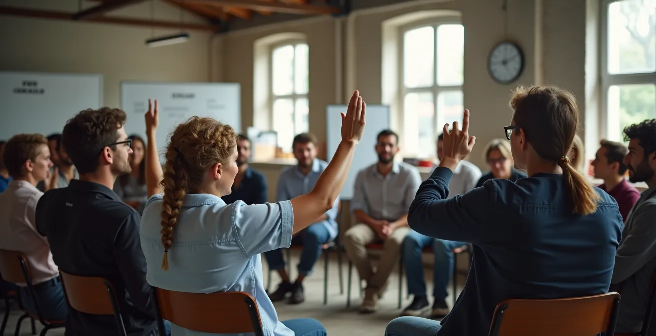 Assemblée de travailleurs dans une coopérative française votant démocratiquement