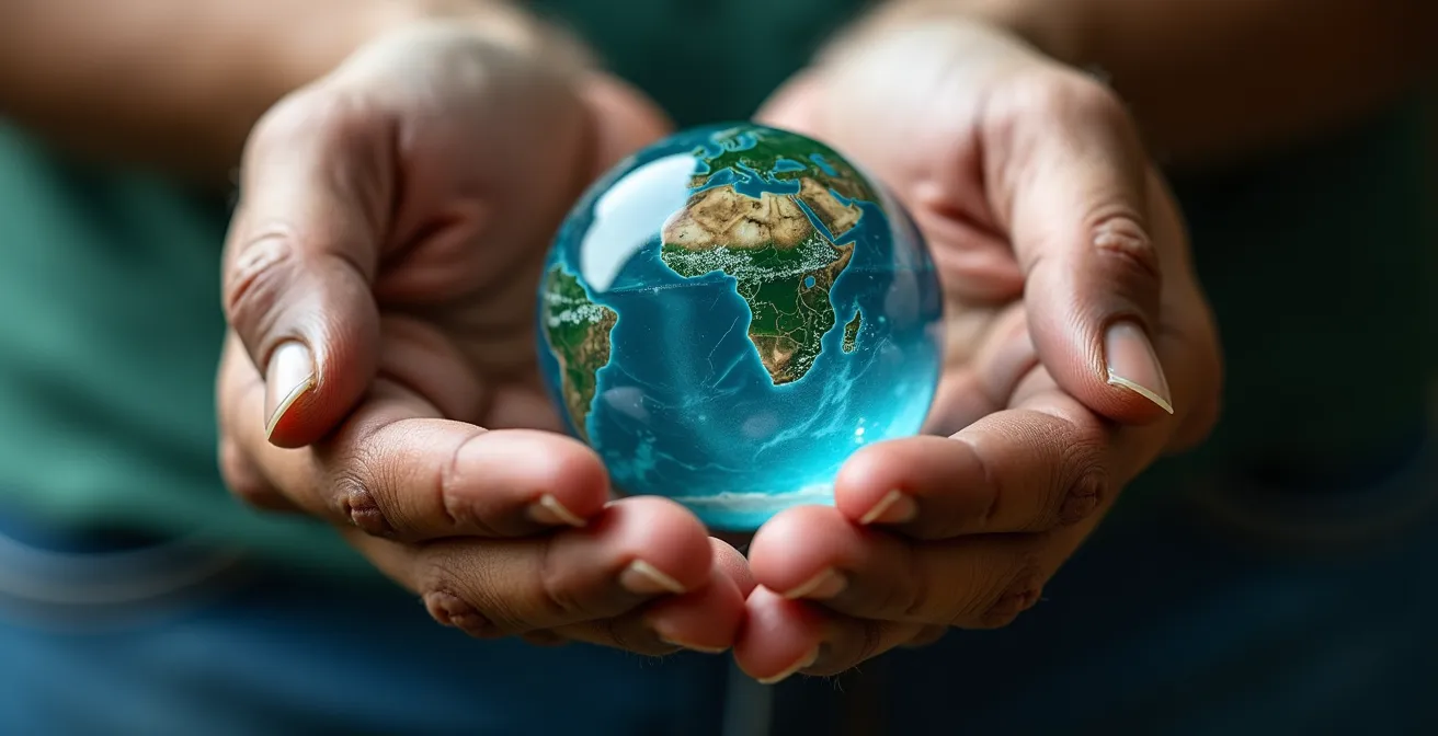 Gros plan sur des mains protégeant délicatement une petite planète Terre fragile