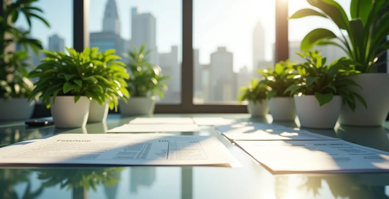 Bureau moderne avec documents financiers et plantes vertes symbolisant l'investissement écologique