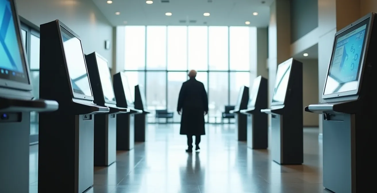 Personne âgée isolée devant une borne administrative numérique dans un hall de mairie