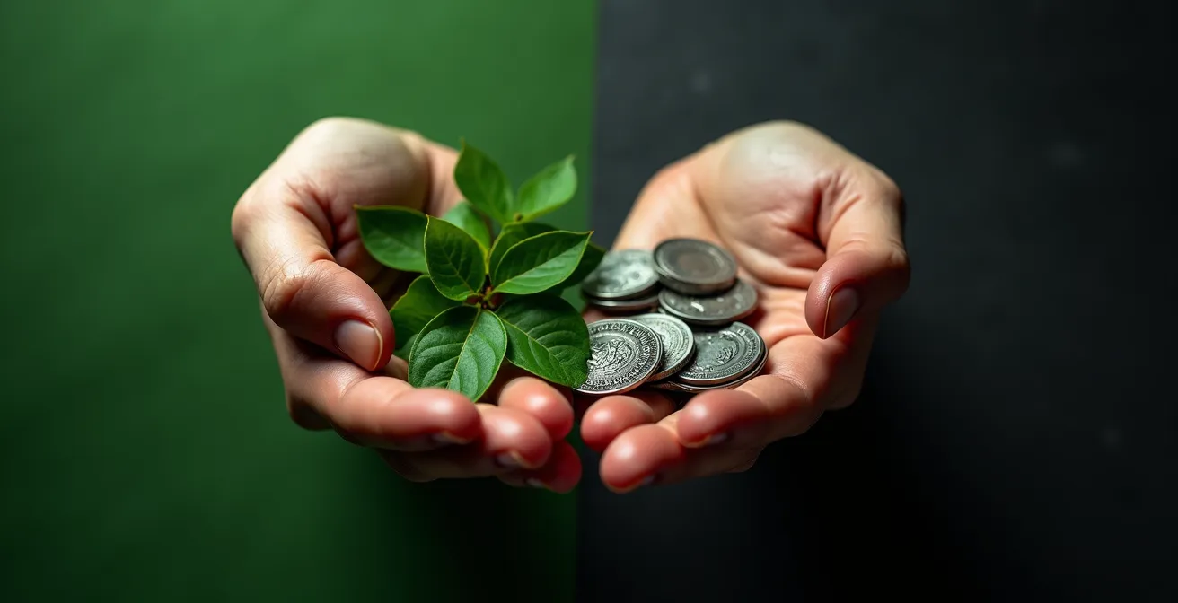 Contraste visuel entre promesses vertes et réalité industrielle dans la finance