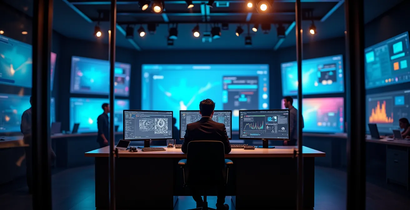 Un studio de télévision moderne avec des écrans multiples affichant des graphiques abstraits colorés, éclairage dramatique