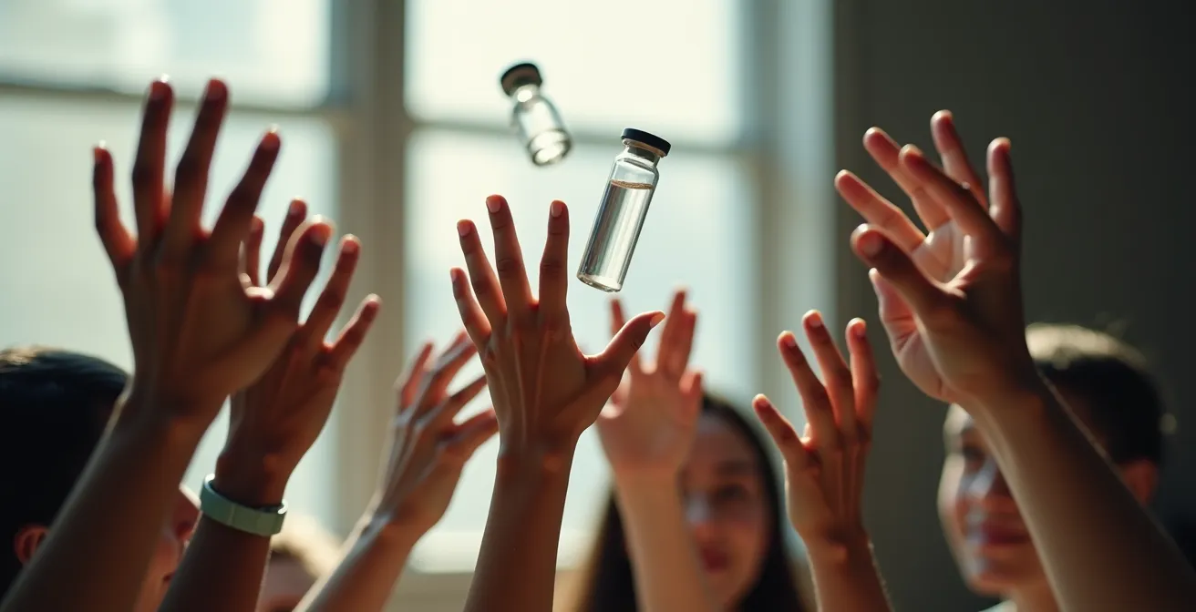 Contraste entre des mains tendues vers des fioles de vaccin hors de portée