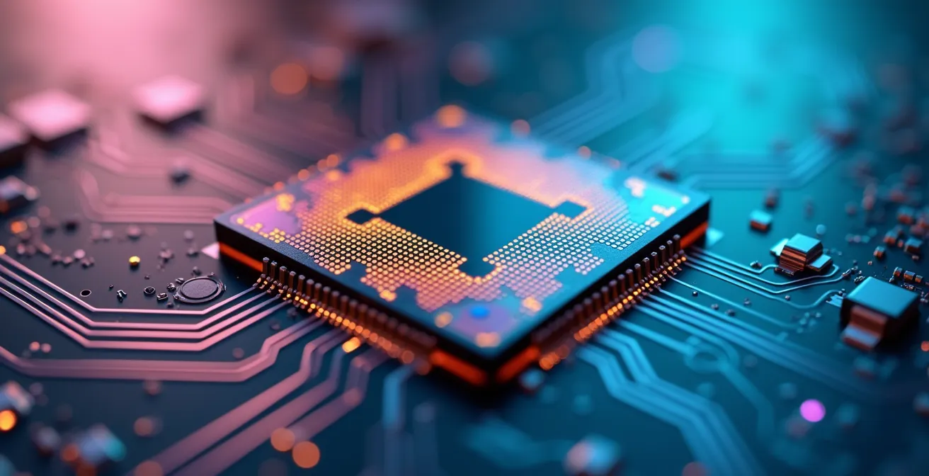 Chercheur examinant une innovation technologique dans un laboratoire français moderne