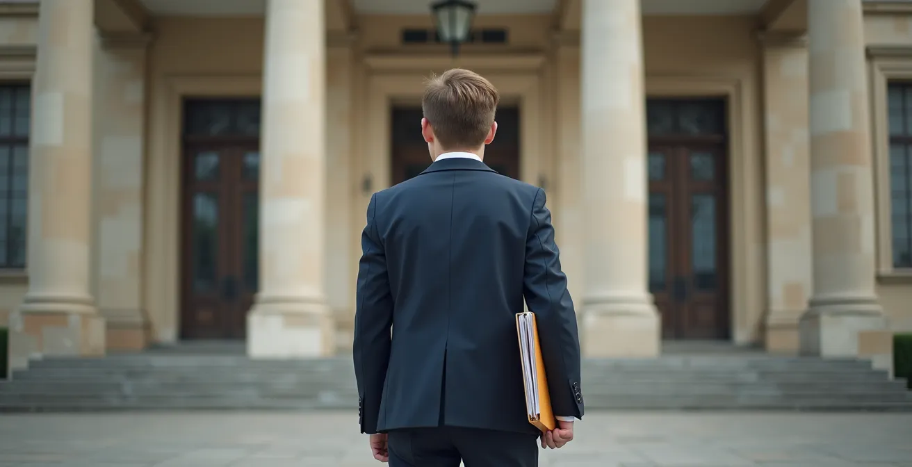 Jeune adolescent de dos face à un bâtiment administratif français, symbolisant le parcours complexe des mineurs non accompagnés