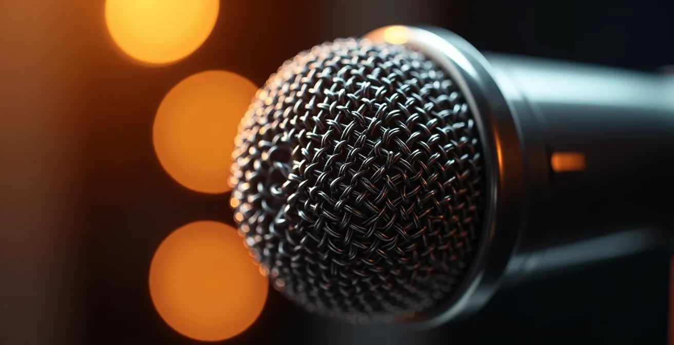 Détail macro d'un microphone professionnel avec reflets métalliques