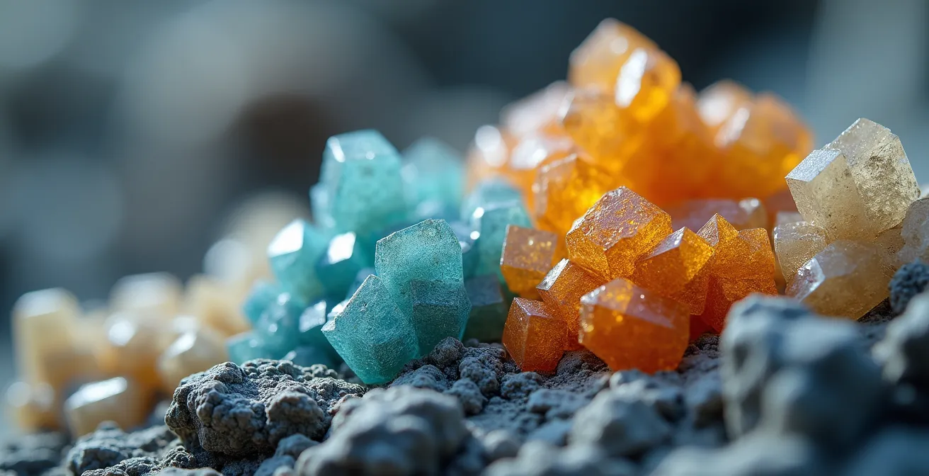 Vue macro d'échantillons de minerai de lithium avec textures cristallines