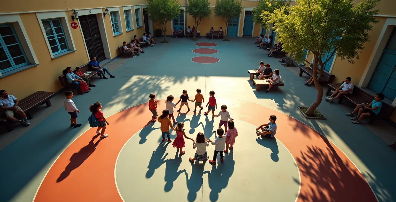 Cour d'école française avec des enfants de diverses origines jouant ensemble