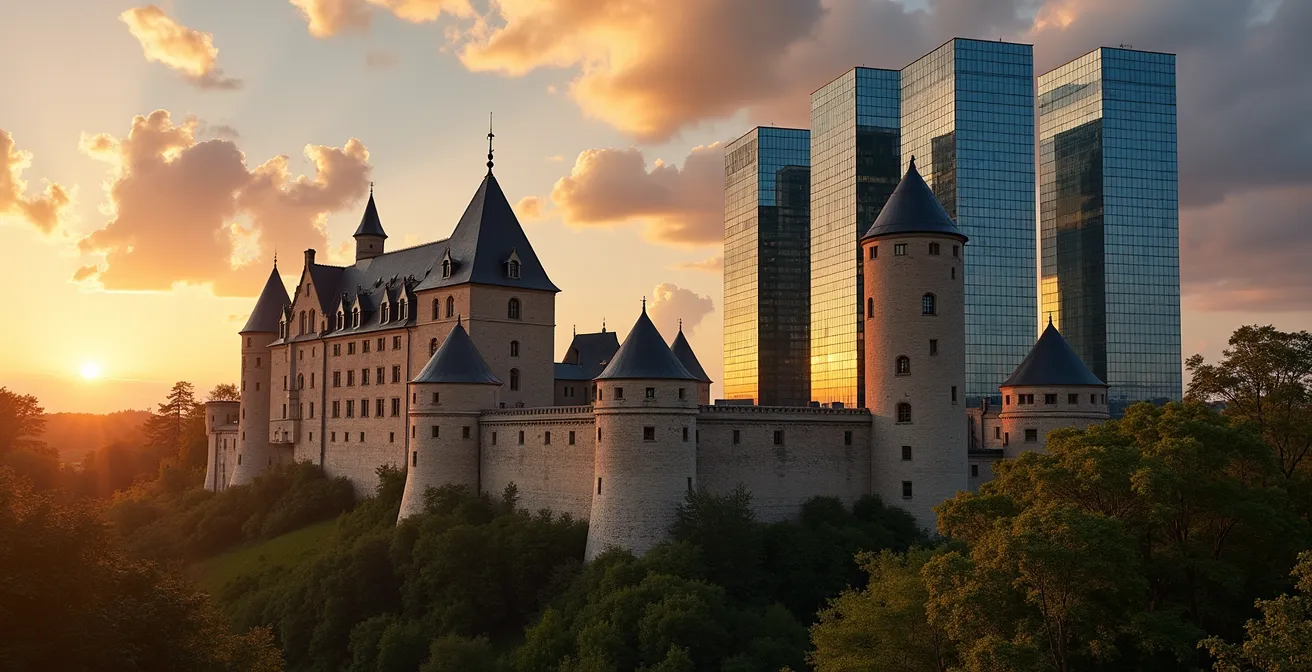 Château médiéval luxembourgeois entouré de gratte-ciels en verre reflétant des nuages dorés au coucher du soleil