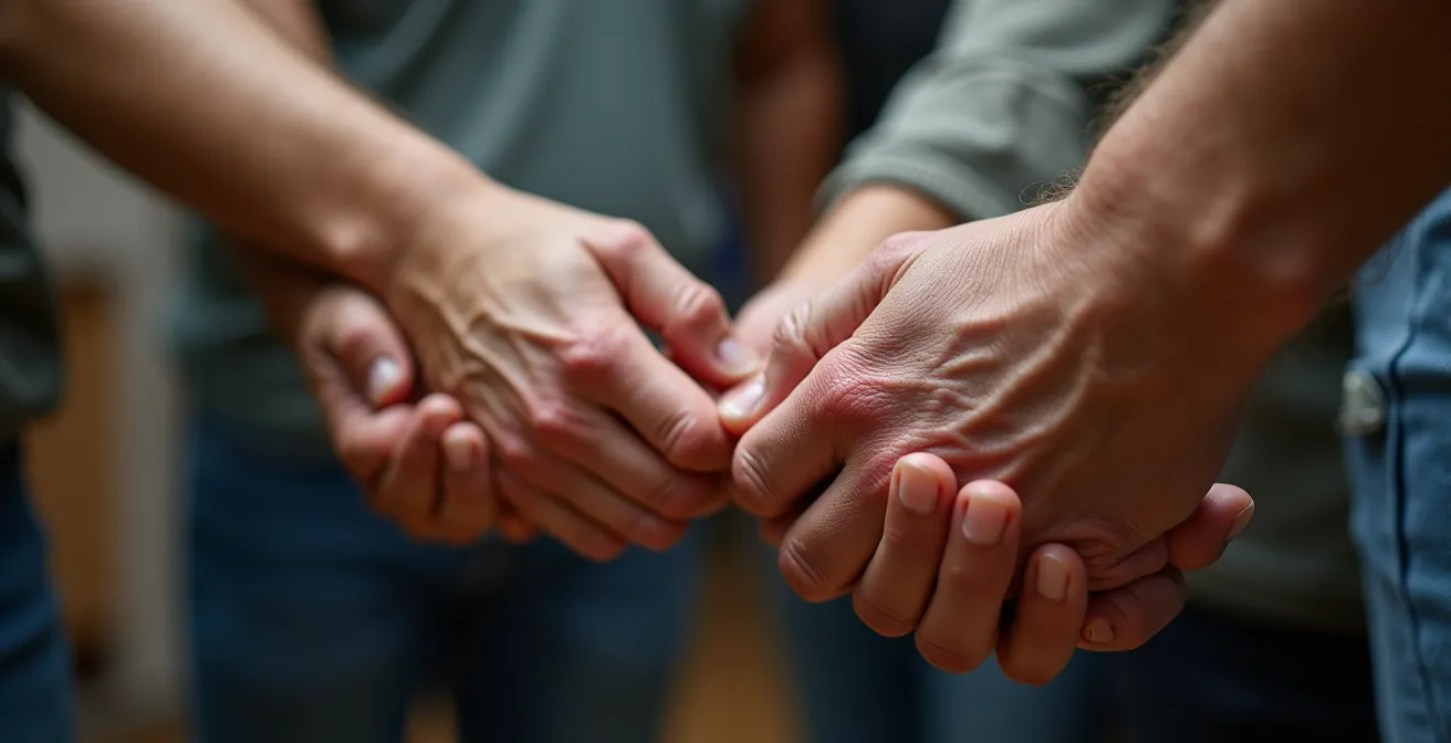 Gros plan sur des mains entrelacées de différentes générations formant une chaîne humaine, texture et détails visibles