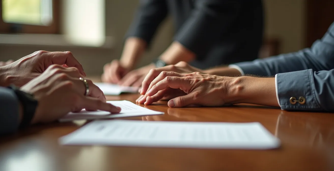 Portrait photographique de mains de différentes générations posées sur une table de travail, symbolisant le passage de relais démocratique