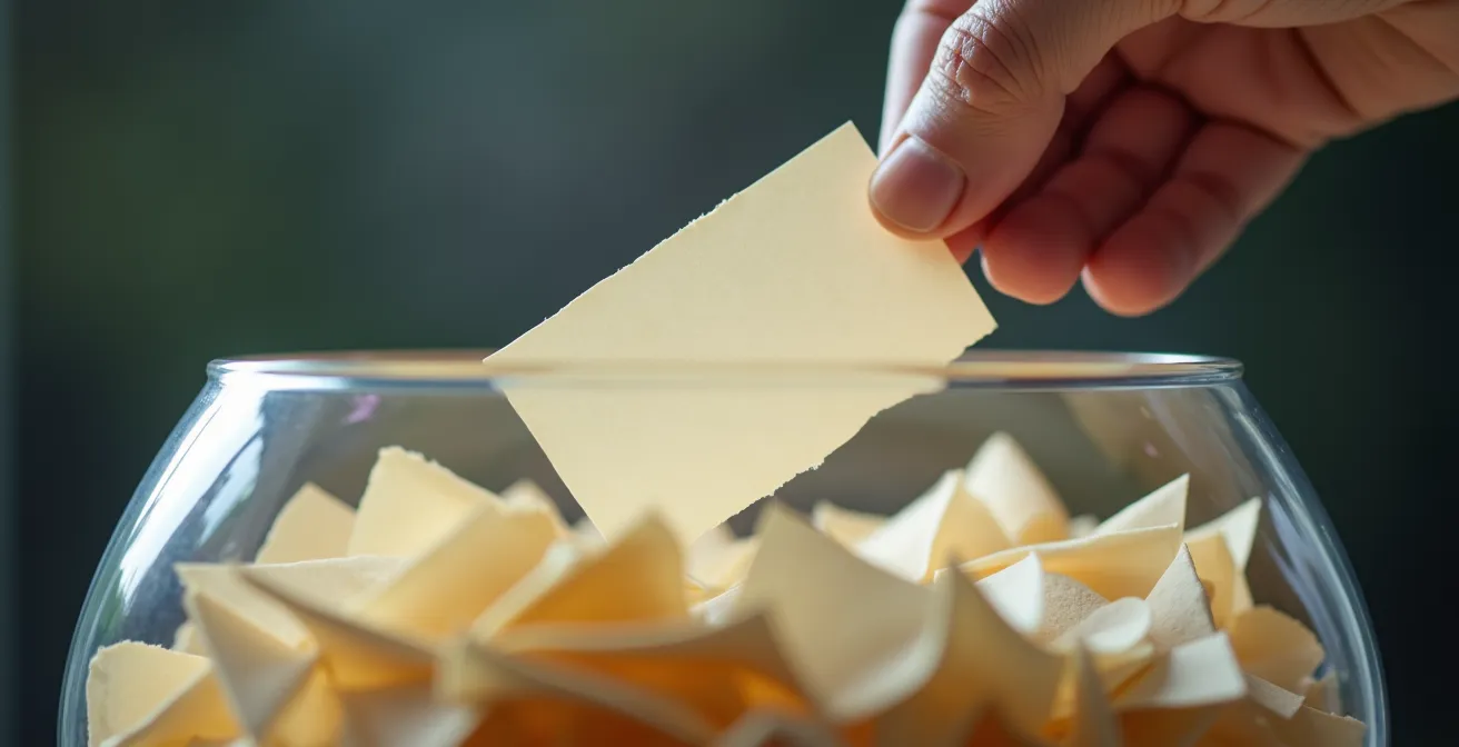 Main déposant un bulletin dans une urne transparente remplie de papiers lors d'un tirage au sort citoyen
