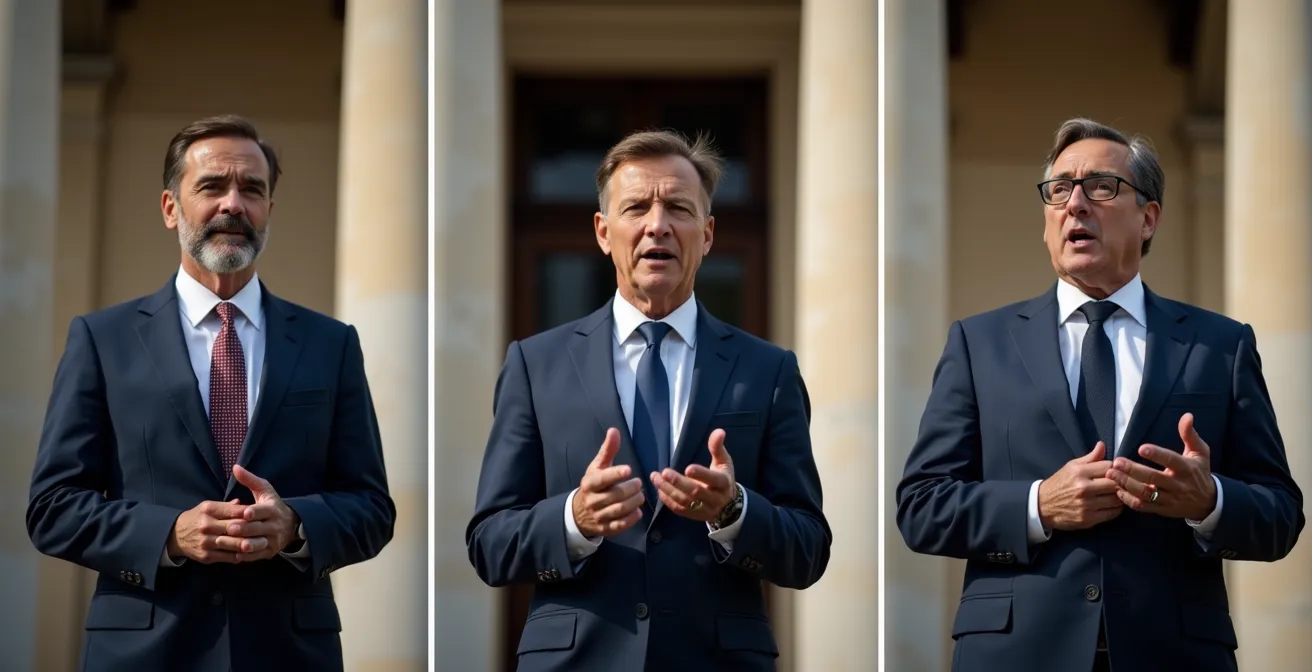 Orateur politique français s'exprimant avec passion devant un auditoire attentif